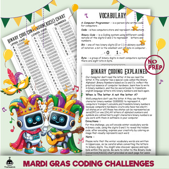 Preview of 3 fun & Educational Mardi Gras Binary Coding Challenges for Kids