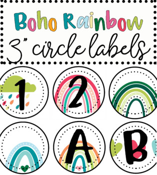 Preview of 3" round Boho Rainbow classroom table numbers, labels, organization, decoration