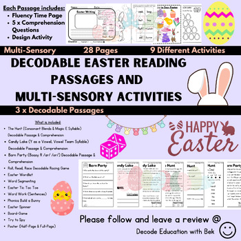 Preview of 3 x Decodable Easter Reading Comprehension Passages and Multi-Sensory Activities
