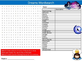 Preview of 3 x Dreams Wordsearch Sheet Starter Activity Keywords Cover Aspirations Brain
