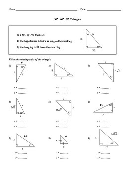 30-60-90-Triangles Worksheet by Family 2 Family Learning Resources