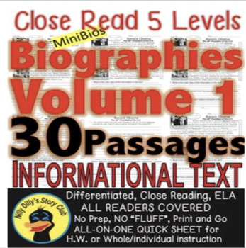 Preview of 30 BIOGRAPHIES Nonfiction LEVELED PASSAGES Main idea Fluency Check TDQs