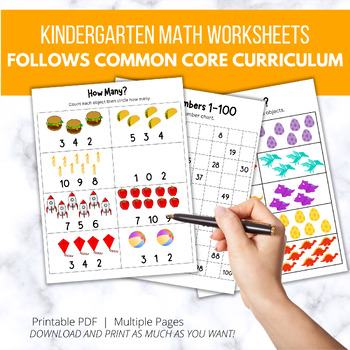 Preview of 30+ Counting Kindergarten Math Common Core Worksheets, Number sense, printable