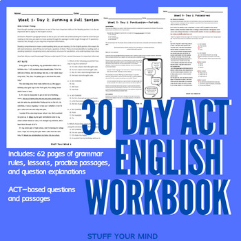 Preview of 30 Day English ACT Prep Workbook with practice passages and questions