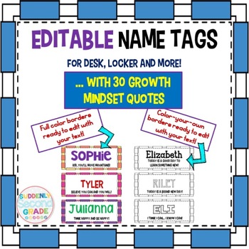 Preview of Editable Locker Desk Tags | SEL | Color Black and White | Growth Mindset