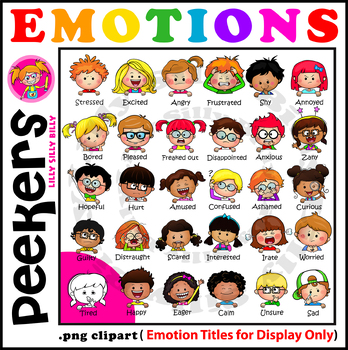 Preview of 30 Emotions Clipart Peekers. Full Color & Black/white. {Lilly Silly Billy}