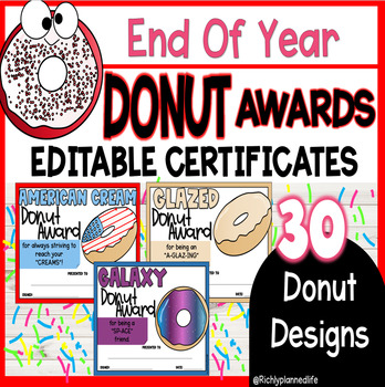 Preview of 30 End of Year DONUT Award Certificates EDITABLE