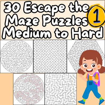 Preview of 30 Escape the Maze Puzzles for Kids, Teens, Adults, Medium to Hard & Solution V1