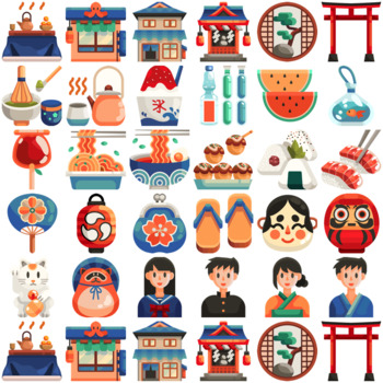 30 Flat Coloured Icons Japan Elements By The Asset Shop Dot Design