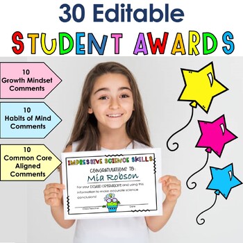 Preview of Editable Award Certificate Comments - Positive Affirmations - Growth Mindset