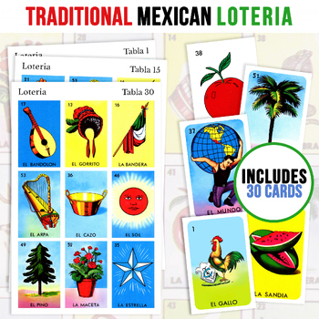 Preview of 30 Mexican Loteria Game Cards | Kid Friendly | 3X3 Spanish Bingo