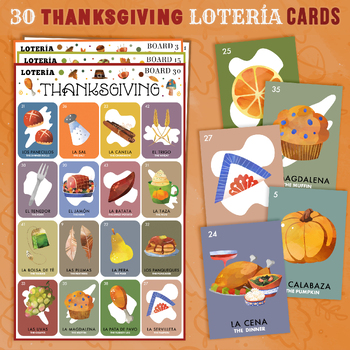 Preview of 30 Mexican-Style Thanksgiving Loteria Bingo Non-Repeated Boards, Bilingual Cards