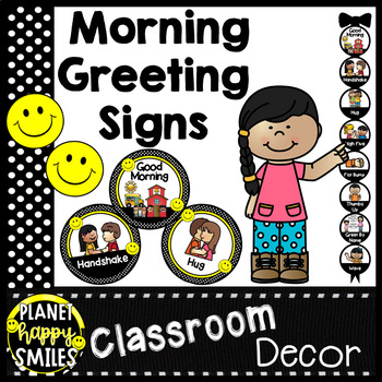 Preview of 30+ Morning Greeting or Saying Good-Bye Signs in Polka Dot and Happy Face Theme