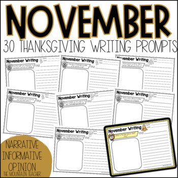 Preview of 30 November Thanksgiving Daily Writing Prompts | No Prep | Google Journal