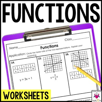 Preview of Functions Worksheets | Linear functions: tables graphs, equations