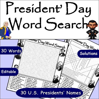 Preview of 30 Presidents Word Search Puzzle: Celebrating Presidents’ Day/February Word Find