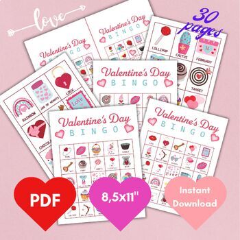 Preview of 30 Printable Valentine's Day Bingo, Kid's Activities, Classroom games