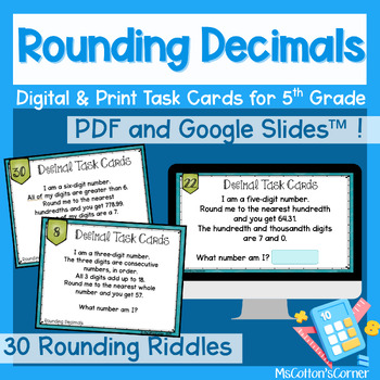 Preview of 30 Rounding Decimals Task Cards - 5th Grade Math Riddles - Print & Google Slides