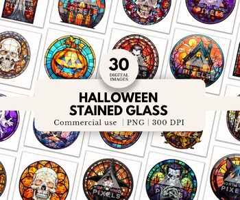 Preview of 30 Stained Glass Halloween Clipart, PNG, Transparent Backgrounds, Scary, Pumpkin