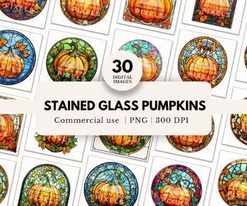 Preview of 30 Stained Glass Pumpkins Clipart, Halloween, PNG, Transparent Backgrounds