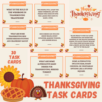 Preview of 30 Thanksgiving Task Cards - Discover, Engage, and Learn; Thanksgiving