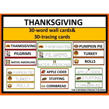 Preview of 30 Thanksgiving word wall cards & 30 tracing cards for Special Education and k+