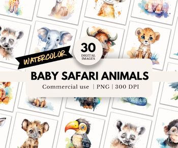 Preview of 30 Watercolor Baby Safari Animals Clipart, PNG with Transparent Backgrounds