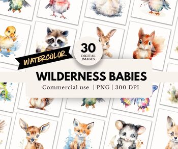 Preview of 30 Watercolor Wilderness Baby Animals Clipart, PNG with Transparent Backgrounds