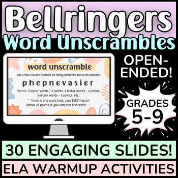 Preview of 30 Word Unscramble Slides: ELA Bell Ringers, English Warmup Word Work Activities