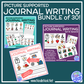 Preview of 30 Writing Prompts with Visual Icons-BUNDLE for NonWriters, SpEd or Autism Units