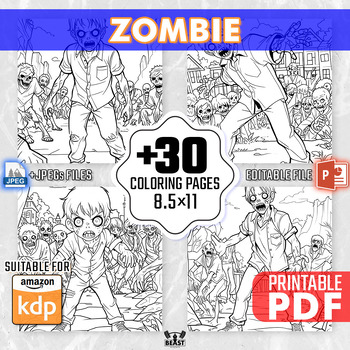 Preview of 30 Zombie Coloring Pages for Kids Adult Coloring Book - Horror Coloring Sheets