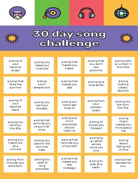 Preview of 30 day song challenge - poster - Ready to print