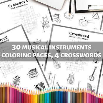 Preview of 30 musical instruments coloring pages and 4 crosswords in English