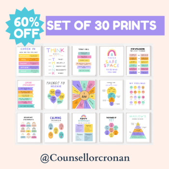 Preview of 30 poster bundle kit, calming corner, rainbow classroom, SEL, growth mindset
