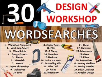 Preview of 30 x Woodshop Wordsearch Puzzle Sheet Keywords Woodwork Carpentry Tools