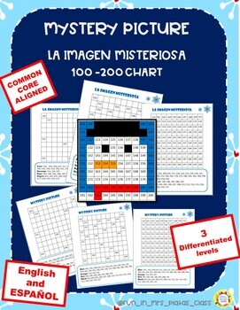 Preview of Winter  MATH CENTER: 100 - 200 chart Mystery Picture (Spanish-English) ESPAÑOL