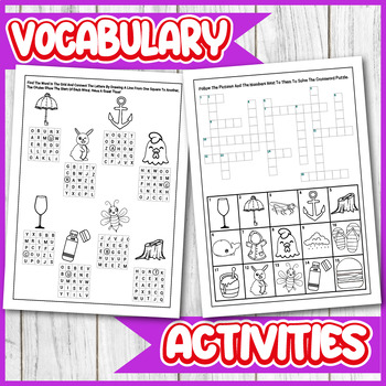 Preview of vocabulary worksheets, Word Search Puzzles, Scramble, Crossword for Kindergarten