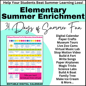 Preview of 31 Days of Summer Enrichment for Elementary Students Digital Calendar Editable