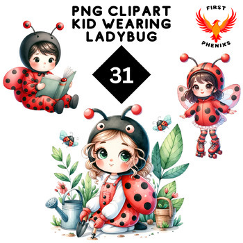 Preview of 31 cute kids wearing ladybug costume valentine png Baby boys girls watercolor