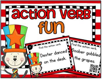 Preview of SCOOT Action Verbs Task Cards & QR Codes w Cat in the Silly Hat