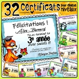 32 Certificats de fin d'année - Animaux maternelle à 6e année