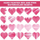 32 Hand painted red and pink watercolor hearts. Watercolor
