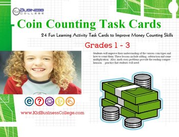 Preview of 32 Math Task Cards - Counting Coins with Word Problem Activities Grades 1-3