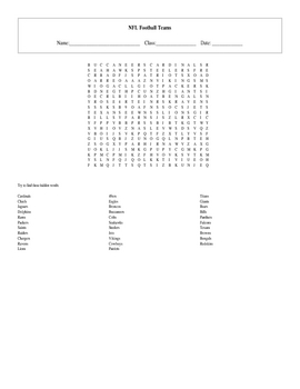 NFL Teams Word Search