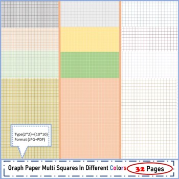 Preview of 32 Pages of Graph Paper Multi Squares In Different Colors (2*2)+(10*10)inch