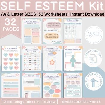 Preview of 32 Self Esteem Worksheets Bundle , DBT Confidence Worksheets, therapy resources