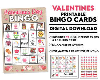 32 Valentines Day Printable Bingo Cards includes Calling Card and Chips