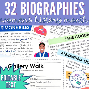 Preview of 32 Women's History Month Biography Readings in Spanish Mes de la mujer activity