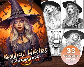 33 Beautiful Witches Coloring Book, Adults + kids- Download - Grayscale ...