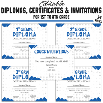 Preview of 34 First Grade Achievement Diplomas, 1st-8th Grade Certificates, and Invitations